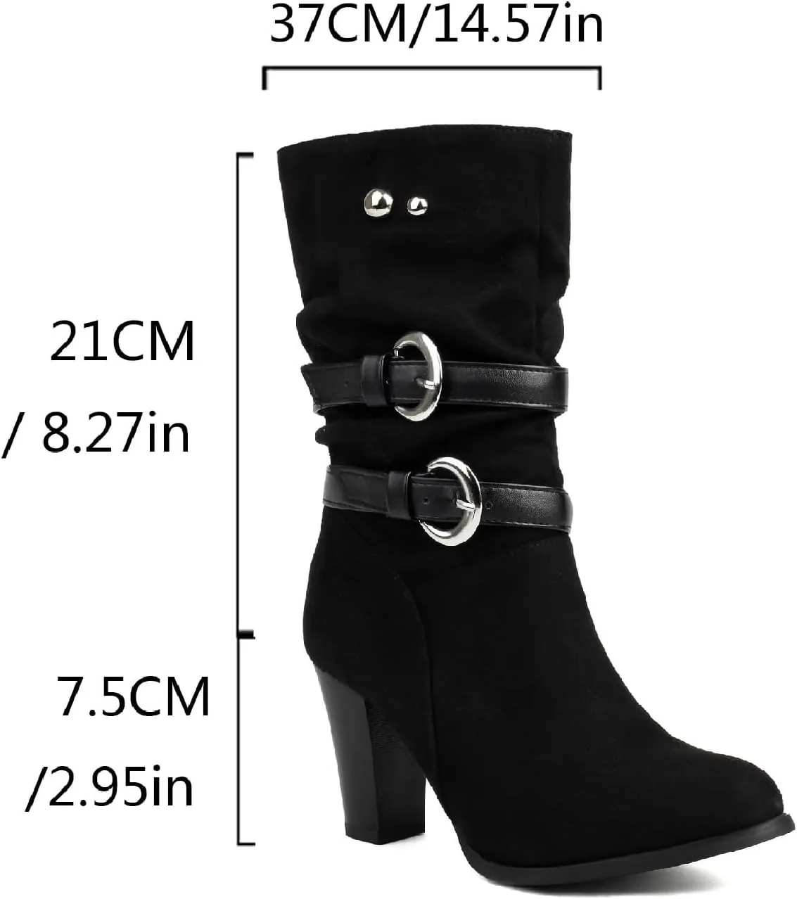 Women'S Pleated Leather Metal Buckle Chunky Heel Mid-Calf Boots Pointed Toe Light Slouchy Comfort Pull On Dress Knee-High Boots