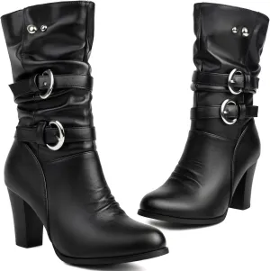 Women'S Pleated Leather Metal Buckle Chunky Heel Mid-Calf Boots Pointed Toe Light Slouchy Comfort Pull On Dress Knee-High Boots