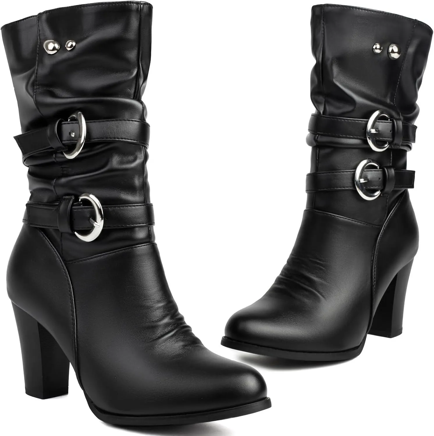 Women'S Pleated Leather Metal Buckle Chunky Heel Mid-Calf Boots Pointed Toe Light Slouchy Comfort Pull On Dress Knee-High Boots