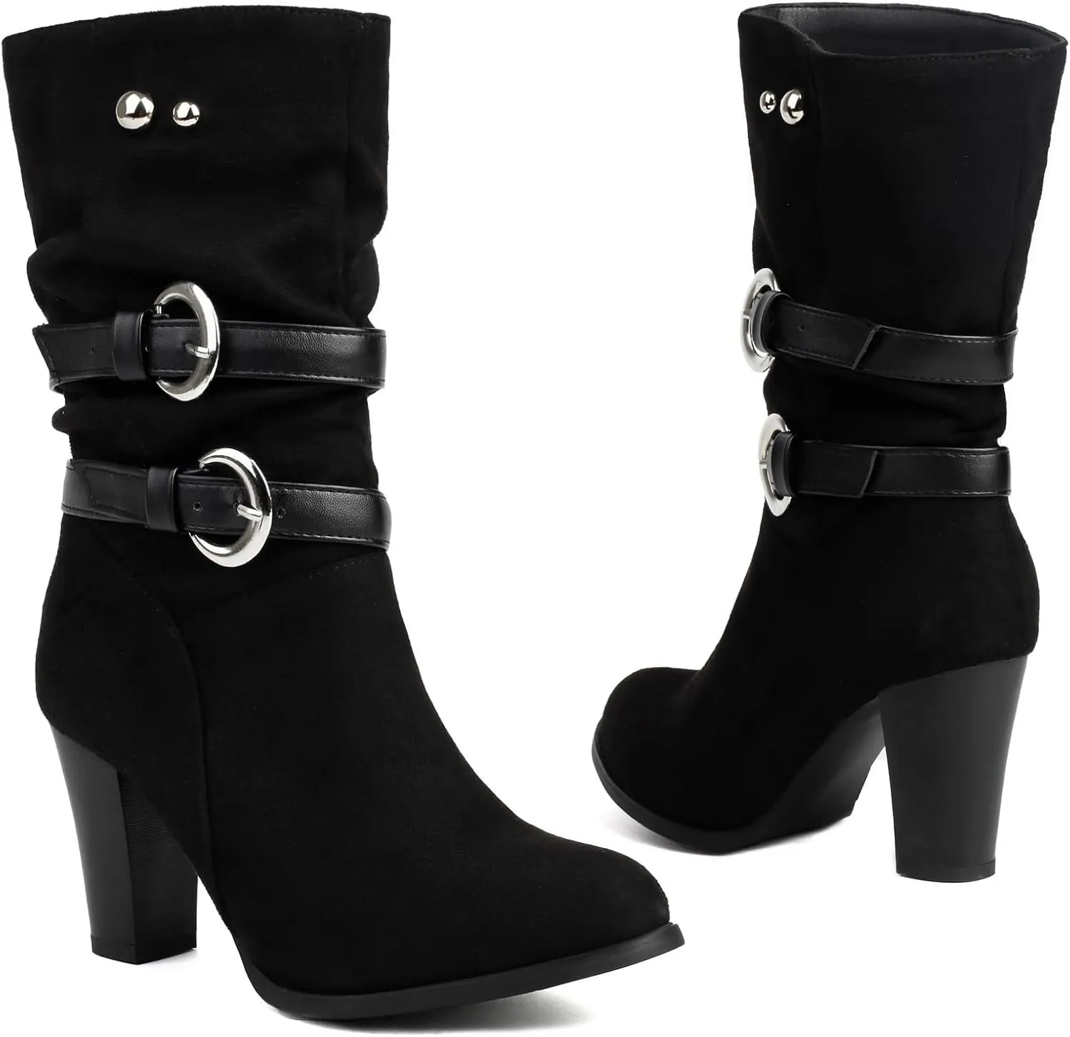 Women'S Pleated Leather Metal Buckle Chunky Heel Mid-Calf Boots Pointed Toe Light Slouchy Comfort Pull On Dress Knee-High Boots