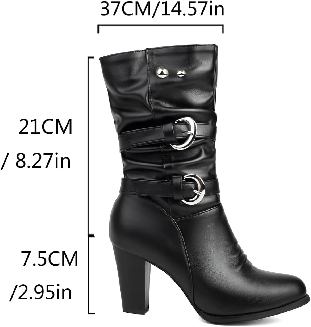 Women'S Pleated Leather Metal Buckle Chunky Heel Mid-Calf Boots Pointed Toe Light Slouchy Comfort Pull On Dress Knee-High Boots