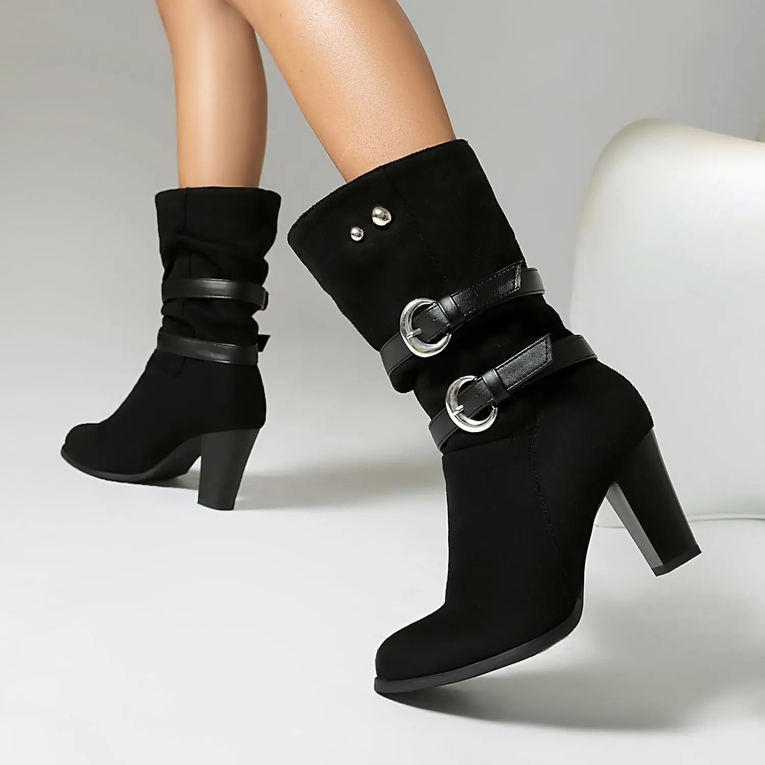 Women'S Pleated Leather Metal Buckle Chunky Heel Mid-Calf Boots Pointed Toe Light Slouchy Comfort Pull On Dress Knee-High Boots