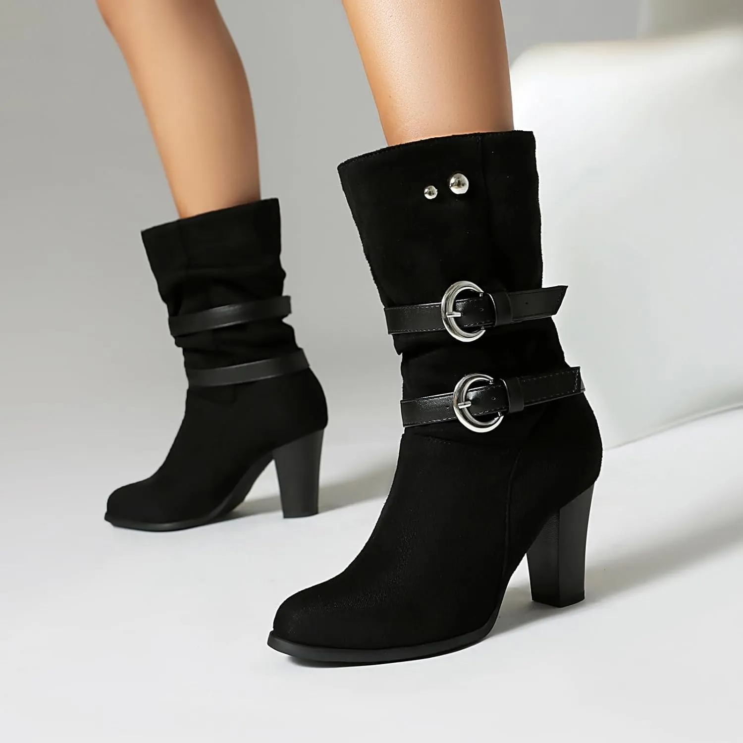 Women'S Pleated Leather Metal Buckle Chunky Heel Mid-Calf Boots Pointed Toe Light Slouchy Comfort Pull On Dress Knee-High Boots