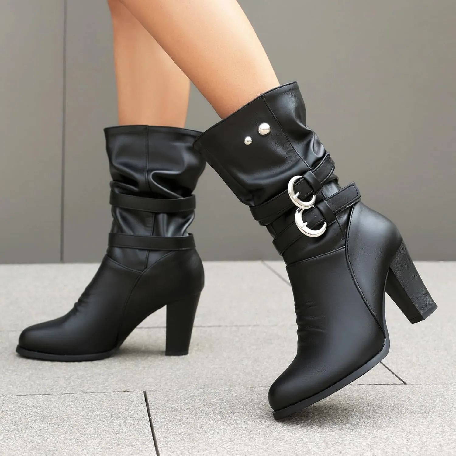 Women'S Pleated Leather Metal Buckle Chunky Heel Mid-Calf Boots Pointed Toe Light Slouchy Comfort Pull On Dress Knee-High Boots