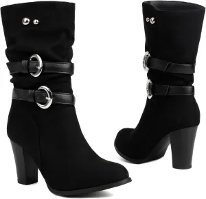 Women'S Pleated Leather Metal Buckle Chunky Heel Mid-Calf Boots Pointed Toe Light Slouchy Comfort Pull On Dress Knee-High Boots
