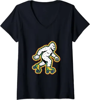 Womens Retro Bigfoot In A Roller Skate Shoes Roller Skating V-Neck T-Shirt