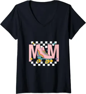 Womens Retro Roller Skate Shoes Mom Roller Skating V-Neck T-Shirt