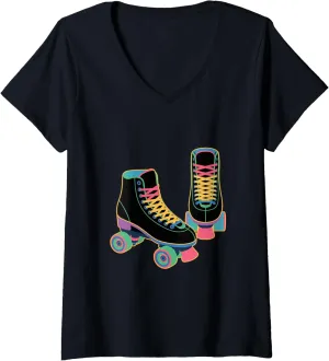 Womens Retro Roller Skate Shoes Roller Skating V-Neck T-Shirt