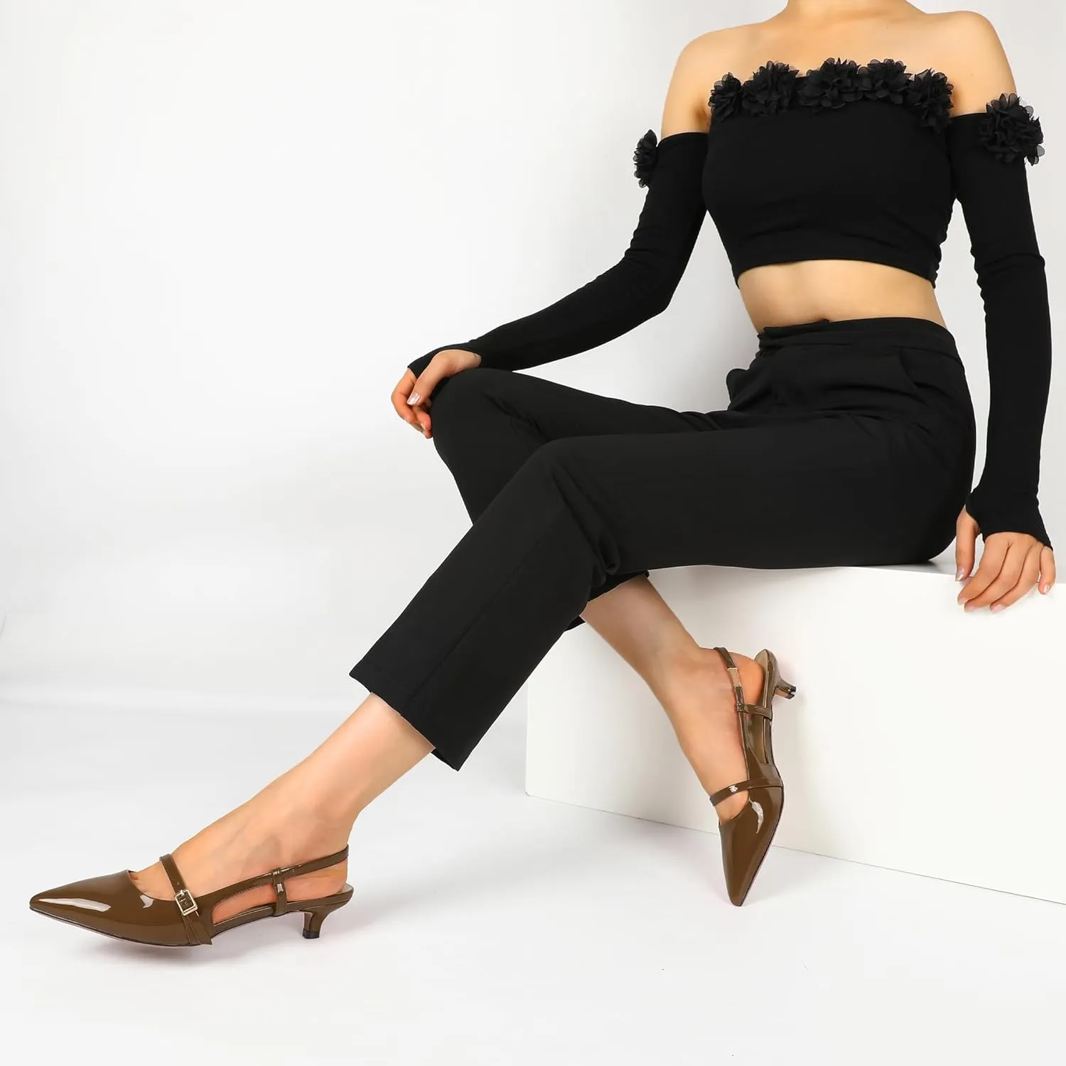 Women's Slingback Kitten Heels Mary Jane Heels Pointed Toe Heel Low Heel Pumps 1.4 Inch Fashion Retro Dress Shoes