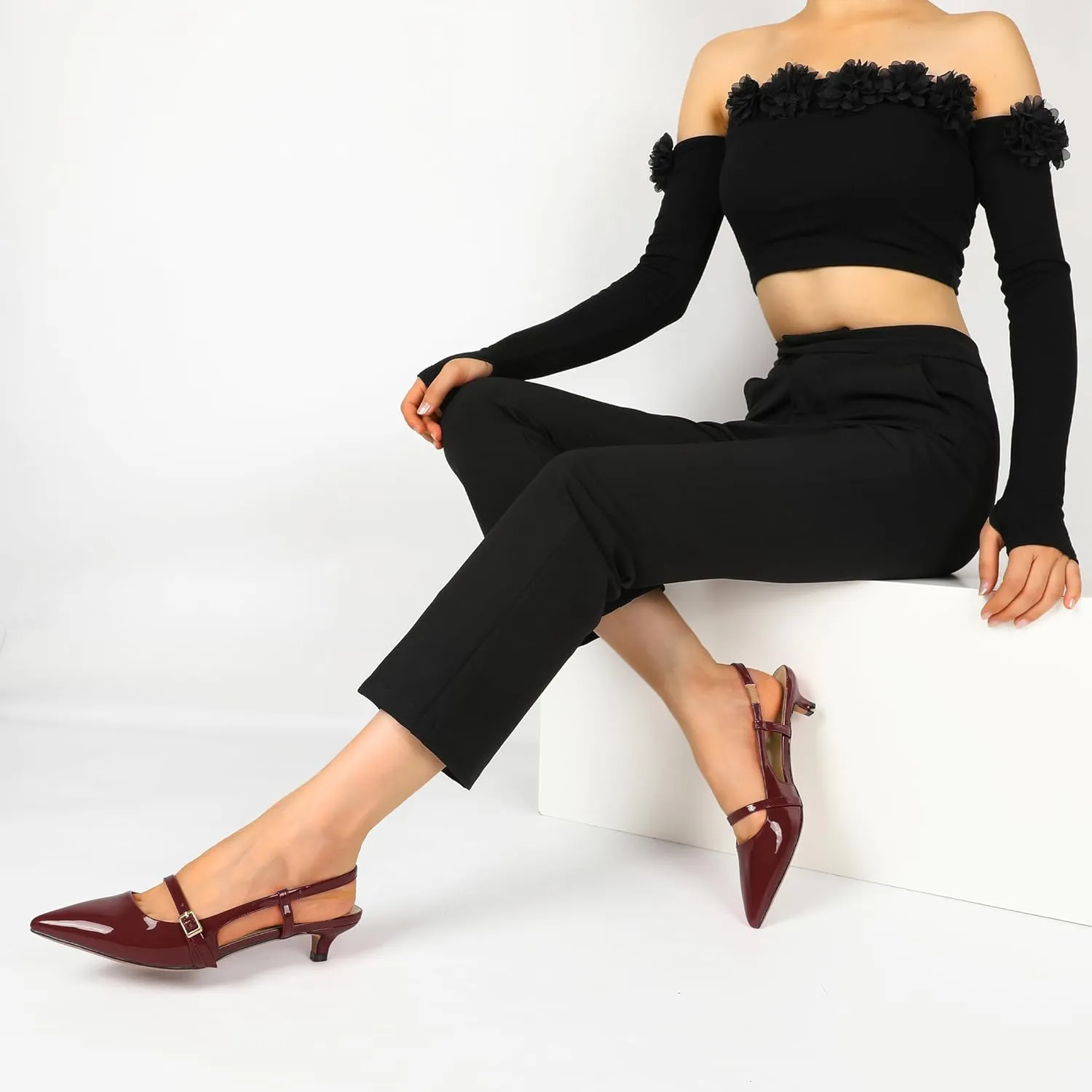 Women's Slingback Kitten Heels Mary Jane Heels Pointed Toe Heel Low Heel Pumps 1.4 Inch Fashion Retro Dress Shoes