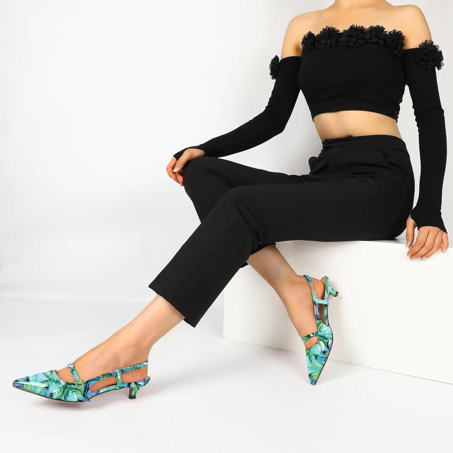 Women's Slingback Kitten Heels Mary Jane Heels Pointed Toe Heel Low Heel Pumps 1.4 Inch Fashion Retro Dress Shoes