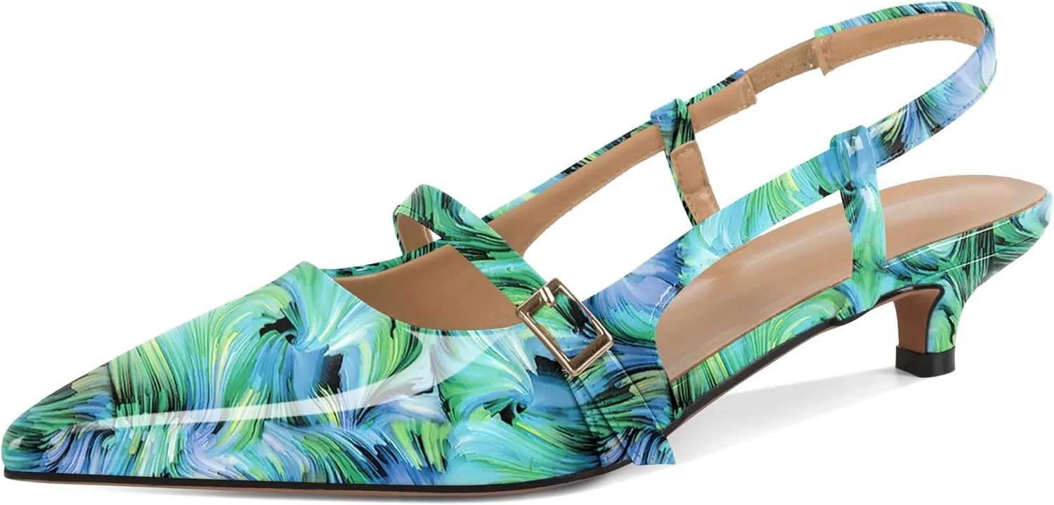 Women's Slingback Kitten Heels Mary Jane Heels Pointed Toe Heel Low Heel Pumps 1.4 Inch Fashion Retro Dress Shoes