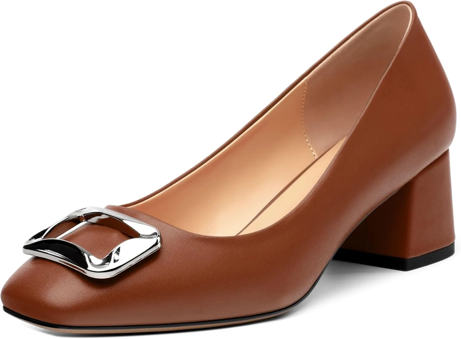 Women's Slip On Square Closed Toe Metal Buckle Matte Chunky Low Heel Pumps Comfortable Office Dress Shoes 2 Inch