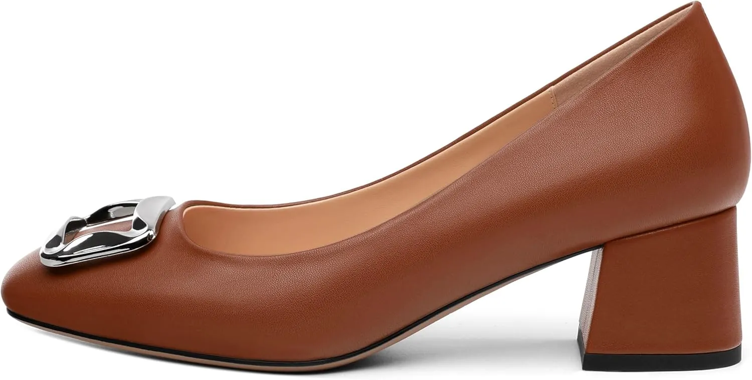 Women's Slip On Square Closed Toe Metal Buckle Matte Chunky Low Heel Pumps Comfortable Office Dress Shoes 2 Inch