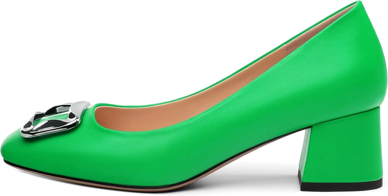 Women's Slip On Square Closed Toe Metal Buckle Matte Chunky Low Heel Pumps Comfortable Office Dress Shoes 2 Inch