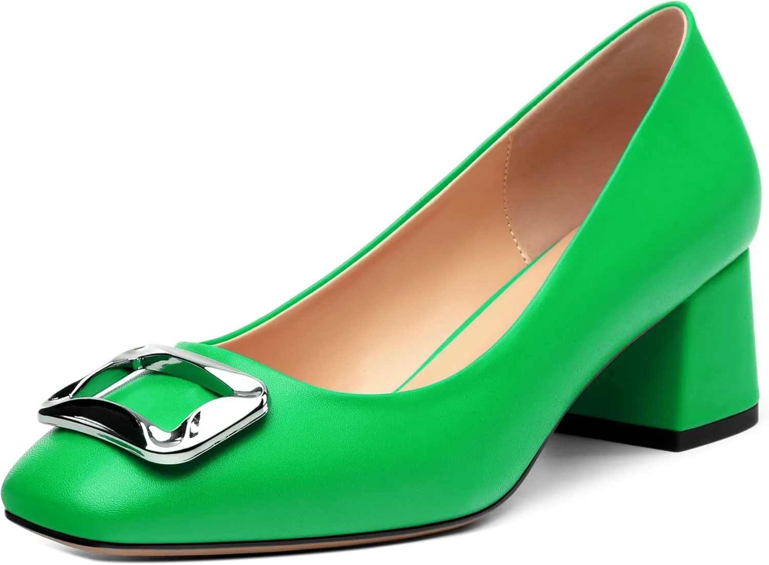Women's Slip On Square Closed Toe Metal Buckle Matte Chunky Low Heel Pumps Comfortable Office Dress Shoes 2 Inch