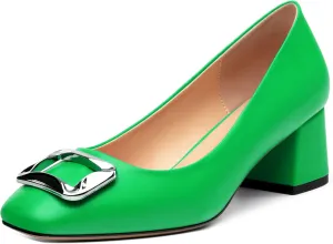 Women's Slip On Square Closed Toe Metal Buckle Matte Chunky Low Heel Pumps Comfortable Office Dress Shoes 2 Inch