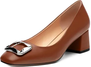 Women's Slip On Square Closed Toe Metal Buckle Matte Chunky Low Heel Pumps Comfortable Office Dress Shoes 2 Inch