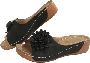 Women's Stylish Opentoe Wedges With Leather Top And Flower Slippers Are Comfortable Boot Slippers Women Indoor Outdoor
