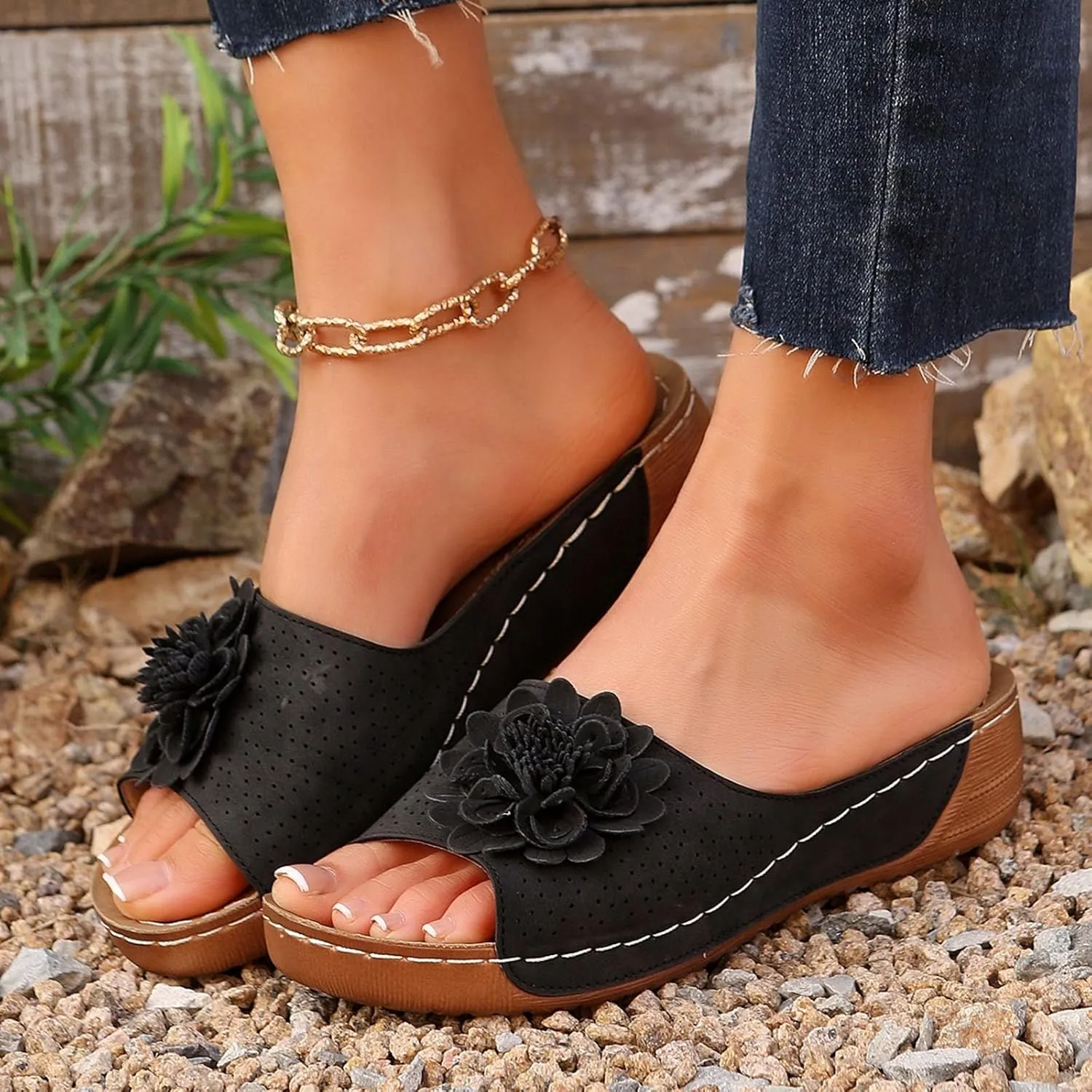 Women's Stylish Opentoe Wedges With Leather Top And Flower Slippers Are Comfortable Boot Slippers Women Indoor Outdoor