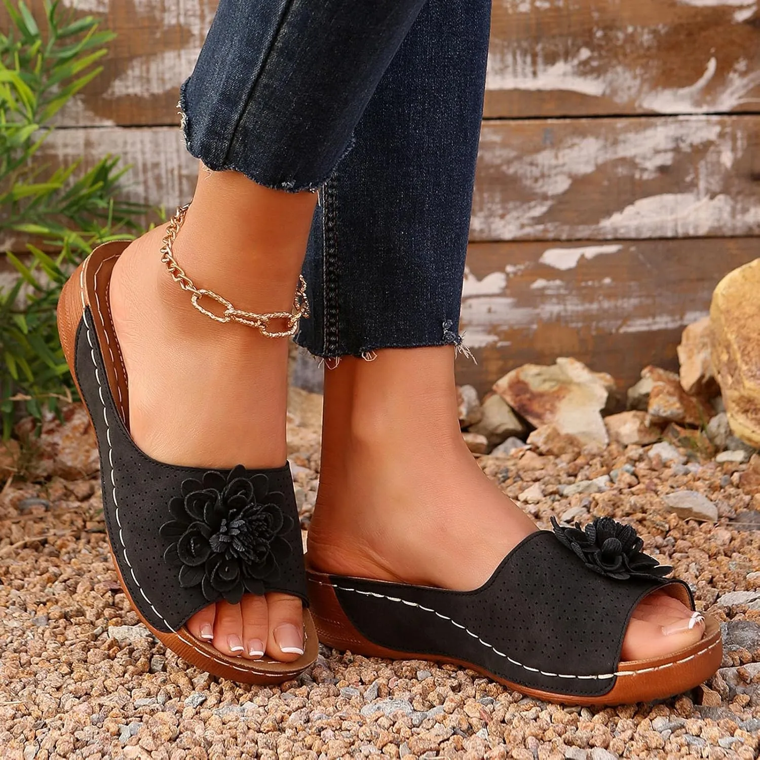 Women's Stylish Opentoe Wedges With Leather Top And Flower Slippers Are Comfortable Boot Slippers Women Indoor Outdoor