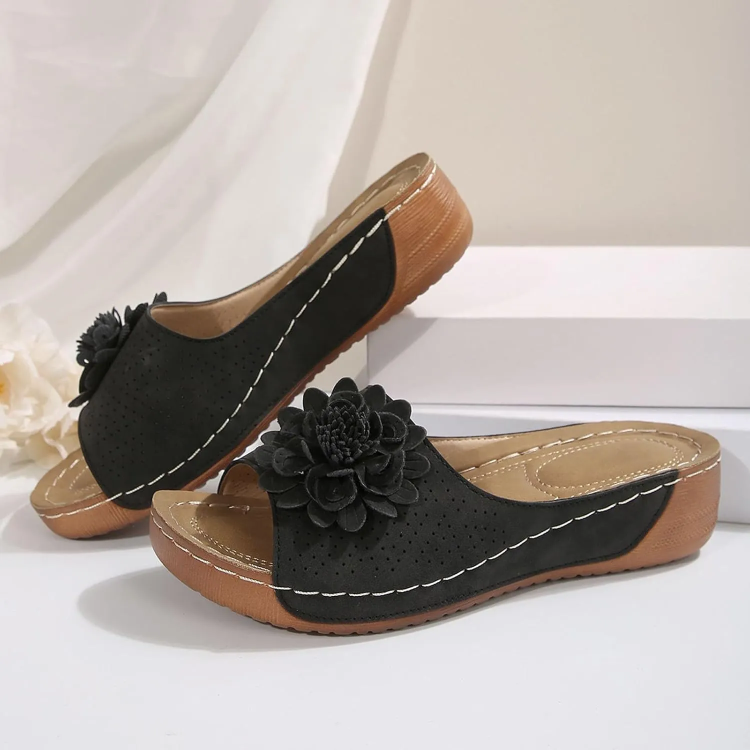 Women's Stylish Opentoe Wedges With Leather Top And Flower Slippers Are Comfortable Boot Slippers Women Indoor Outdoor
