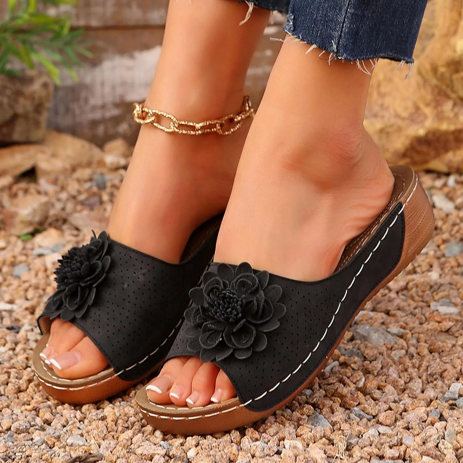 Women's Stylish Opentoe Wedges With Leather Top And Flower Slippers Are Comfortable Boot Slippers Women Indoor Outdoor