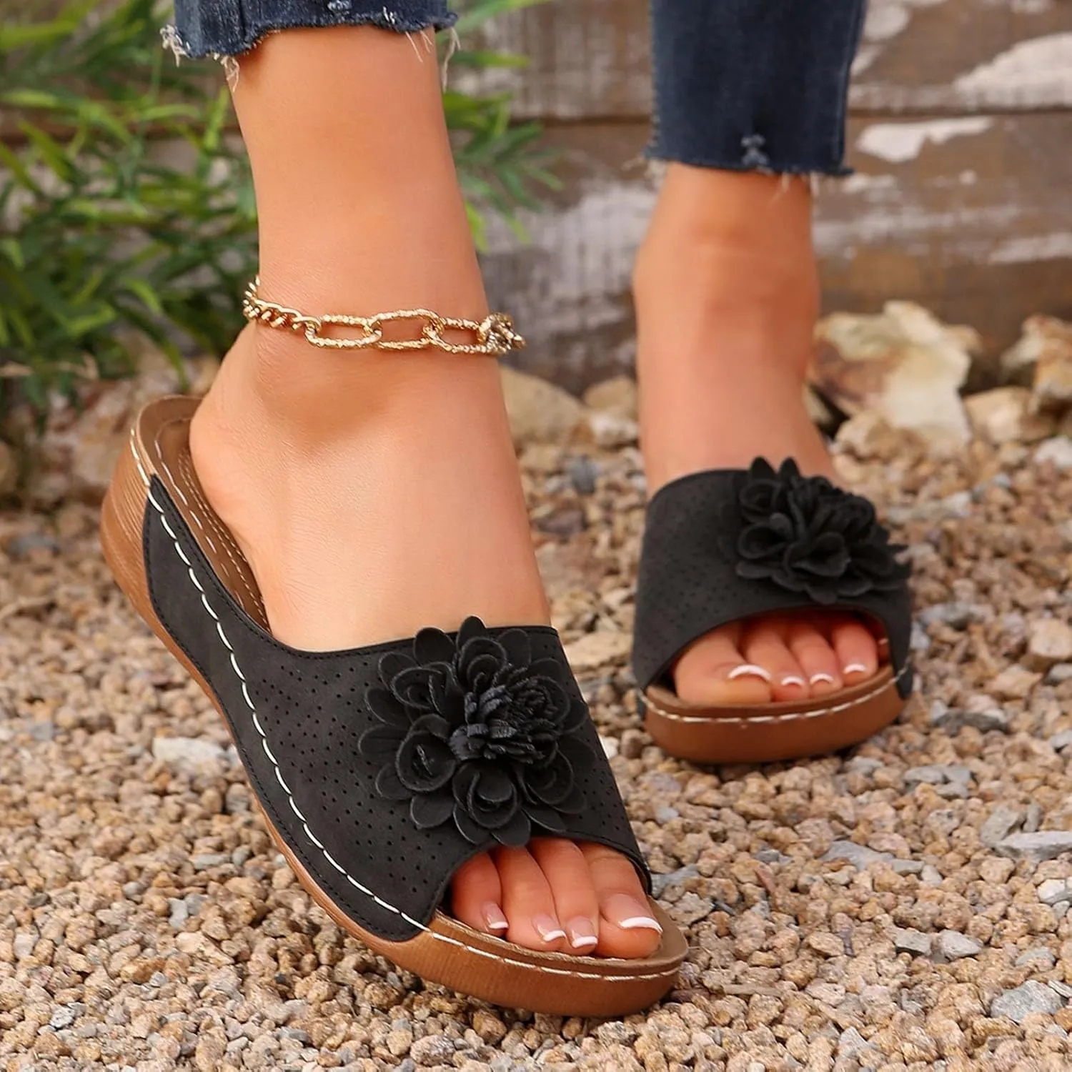 Women's Stylish Opentoe Wedges With Leather Top And Flower Slippers Are Comfortable Boot Slippers Women Indoor Outdoor