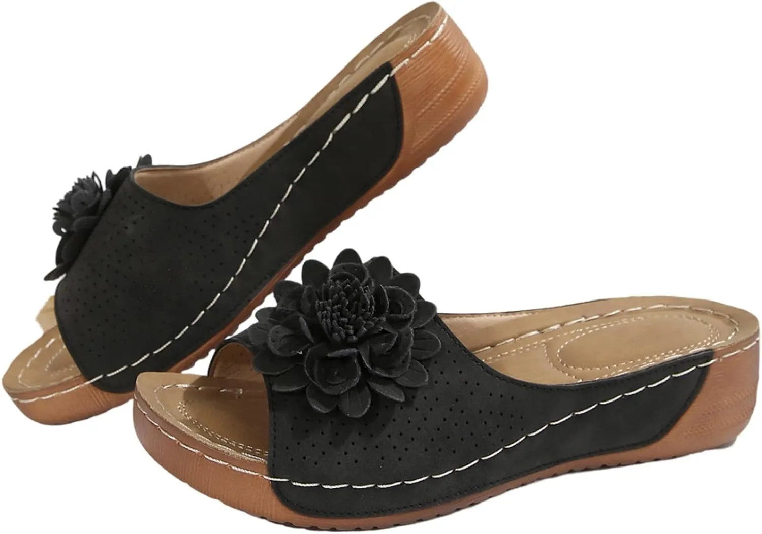 Women's Stylish Opentoe Wedges With Leather Top And Flower Slippers Are Comfortable Boot Slippers Women Indoor Outdoor