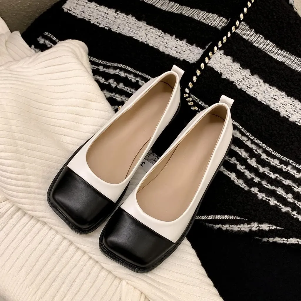 Women's Two Tone Flats Slip On Loafers Vintage Square Toe Leather Low Heel Girls Dress Oxford Shoes