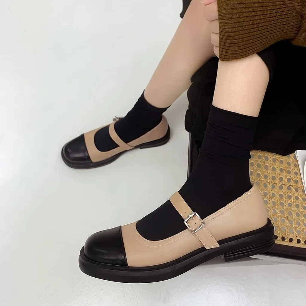 Women's Two Tone Mary Jane Flats Vintage Round Toe Wingtip Leather Low Heel Girls Dress Oxford Shoes