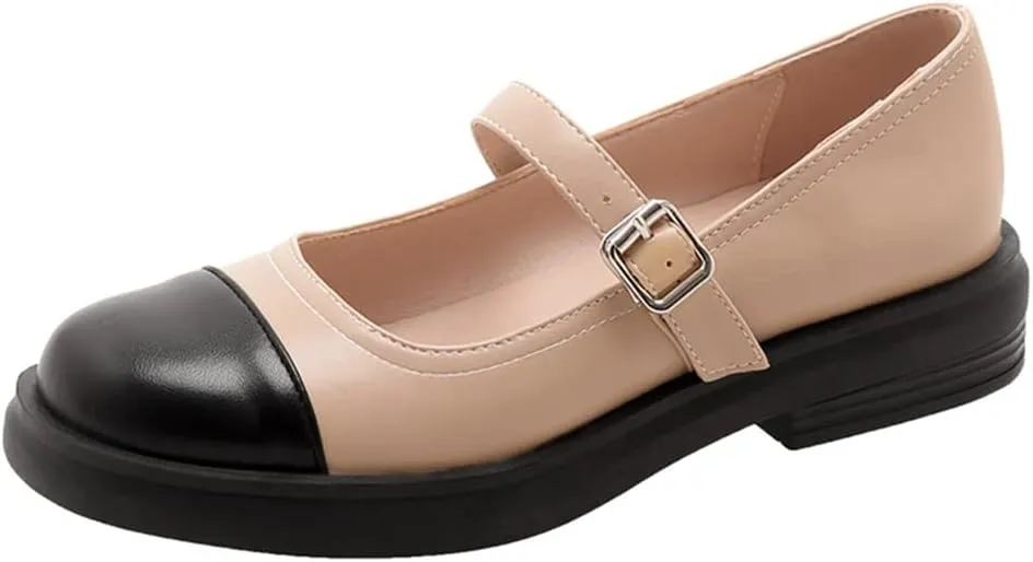 Women's Two Tone Mary Jane Flats Vintage Round Toe Wingtip Leather Low Heel Girls Dress Oxford Shoes