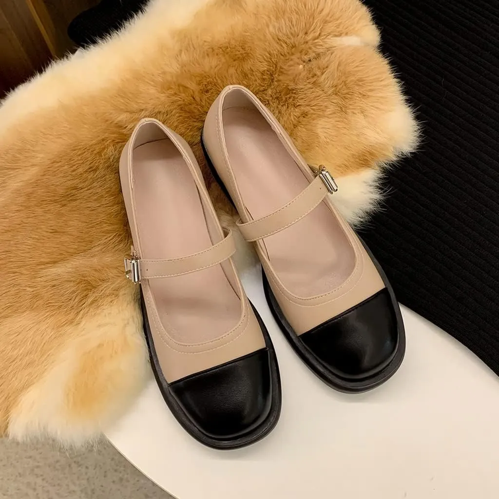 Women's Two Tone Mary Jane Flats Vintage Round Toe Wingtip Leather Low Heel Girls Dress Oxford Shoes