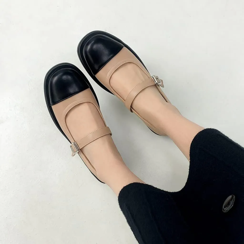 Women's Two Tone Mary Jane Flats Vintage Round Toe Wingtip Leather Low Heel Girls Dress Oxford Shoes