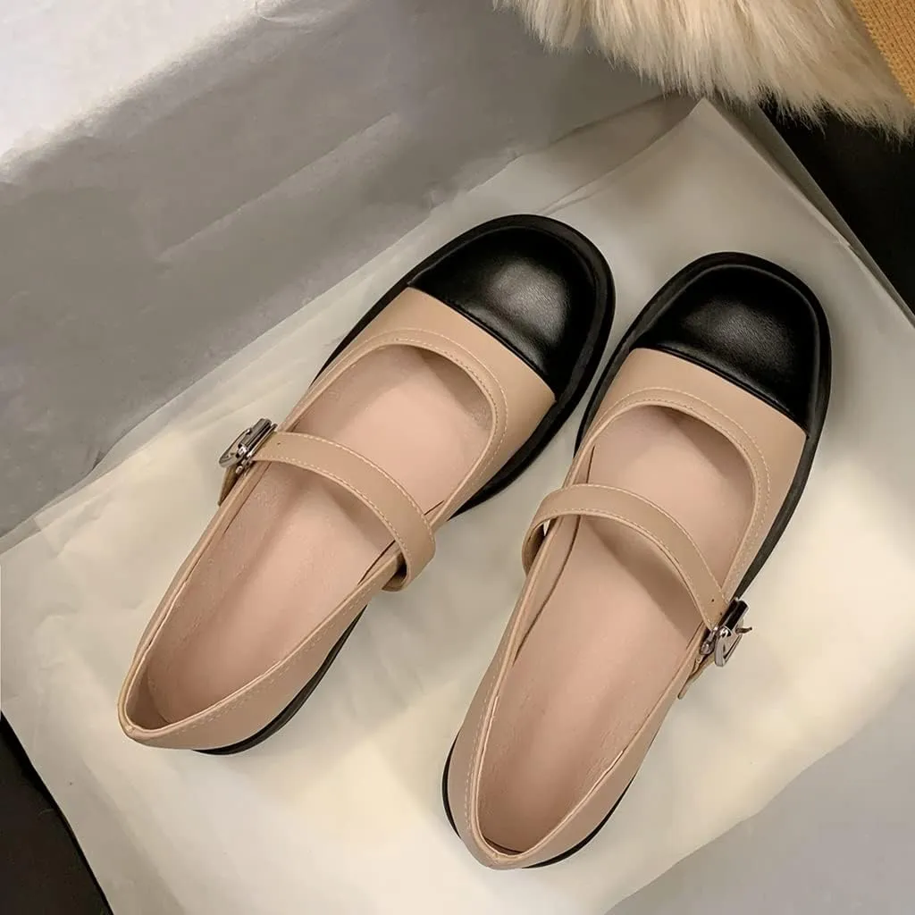 Women's Two Tone Mary Jane Flats Vintage Round Toe Wingtip Leather Low Heel Girls Dress Oxford Shoes