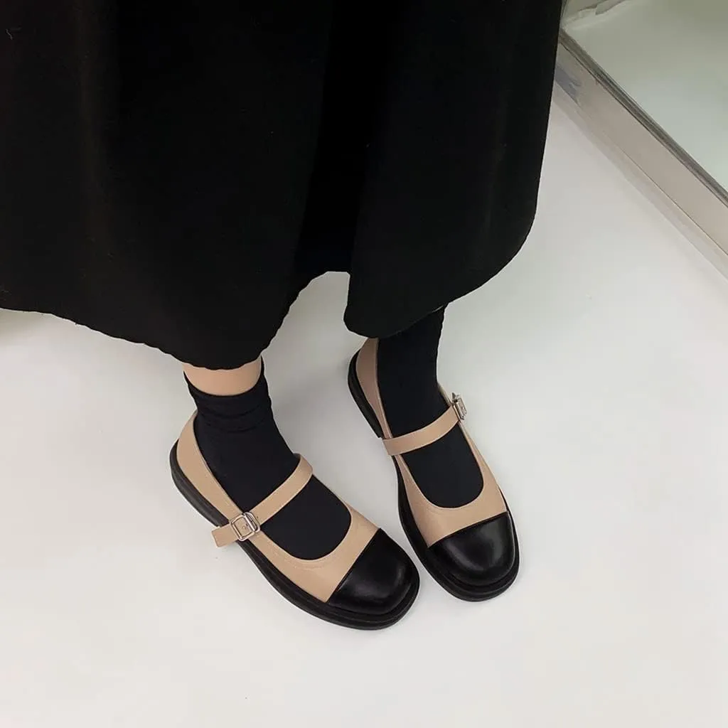 Women's Two Tone Mary Jane Flats Vintage Round Toe Wingtip Leather Low Heel Girls Dress Oxford Shoes