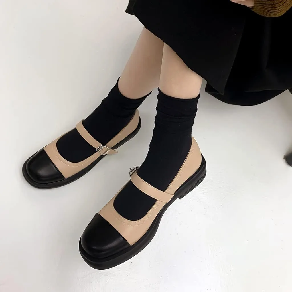 Women's Two Tone Mary Jane Flats Vintage Round Toe Wingtip Leather Low Heel Girls Dress Oxford Shoes