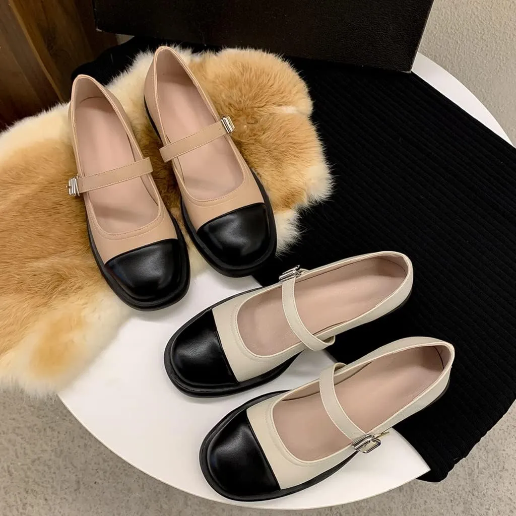 Women's Two Tone Mary Jane Flats Vintage Round Toe Wingtip Leather Low Heel Girls Dress Oxford Shoes