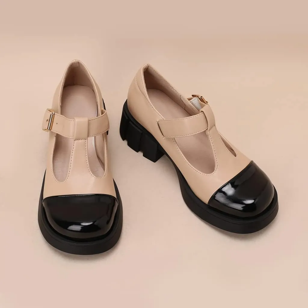 Women's Two Tone T-Strap Mary Jane Flats Loafers Vintage Round Toe Low Heel Girls Dress Oxford Shoes