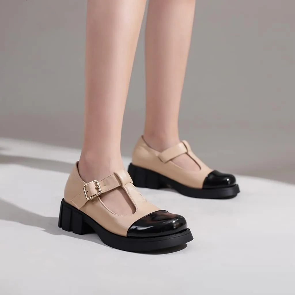 Women's Two Tone T-Strap Mary Jane Flats Loafers Vintage Round Toe Low Heel Girls Dress Oxford Shoes
