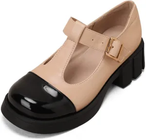 Women's Two Tone T-Strap Mary Jane Flats Loafers Vintage Round Toe Low Heel Girls Dress Oxford Shoes