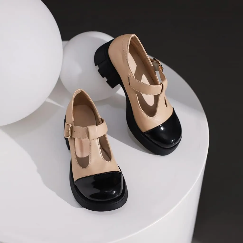 Women's Two Tone T-Strap Mary Jane Flats Loafers Vintage Round Toe Low Heel Girls Dress Oxford Shoes