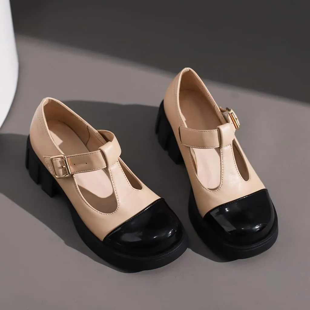 Women's Two Tone T-Strap Mary Jane Flats Loafers Vintage Round Toe Low Heel Girls Dress Oxford Shoes