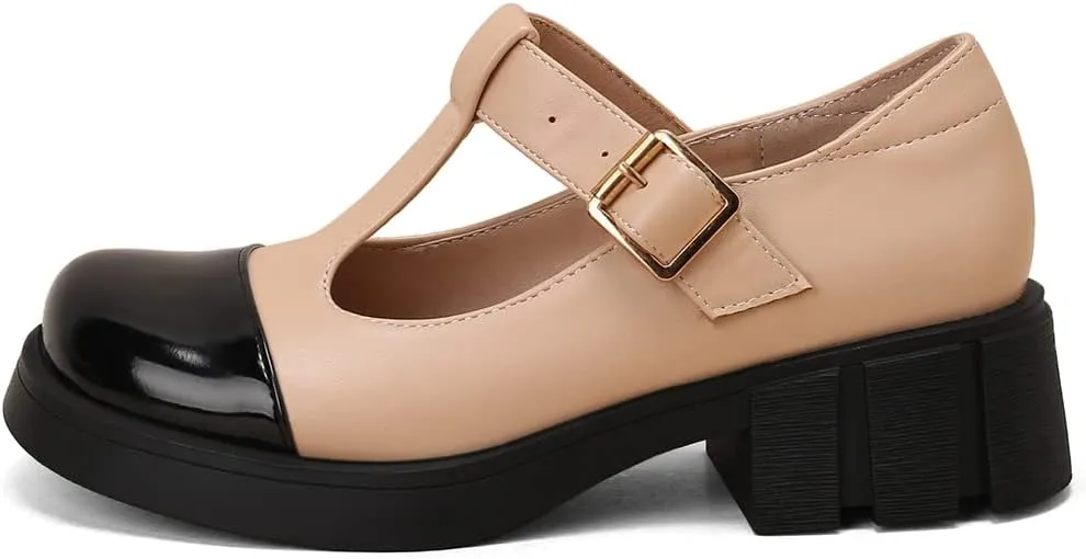 Women's Two Tone T-Strap Mary Jane Flats Loafers Vintage Round Toe Low Heel Girls Dress Oxford Shoes