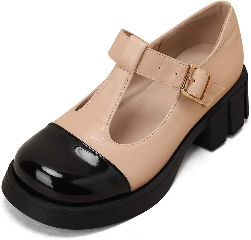Women's Two Tone T-Strap Mary Jane Flats Loafers Vintage Round Toe Low Heel Girls Dress Oxford Shoes