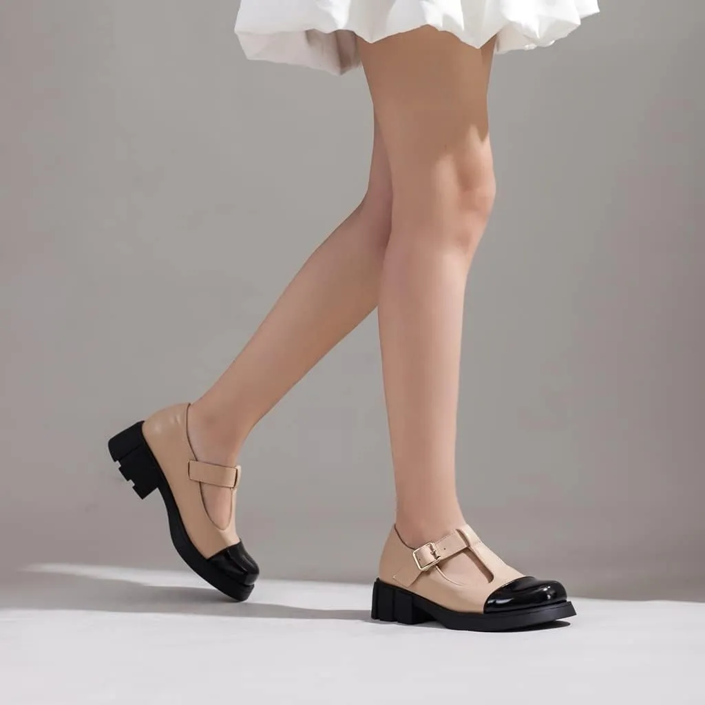 Women's Two Tone T-Strap Mary Jane Flats Loafers Vintage Round Toe Low Heel Girls Dress Oxford Shoes