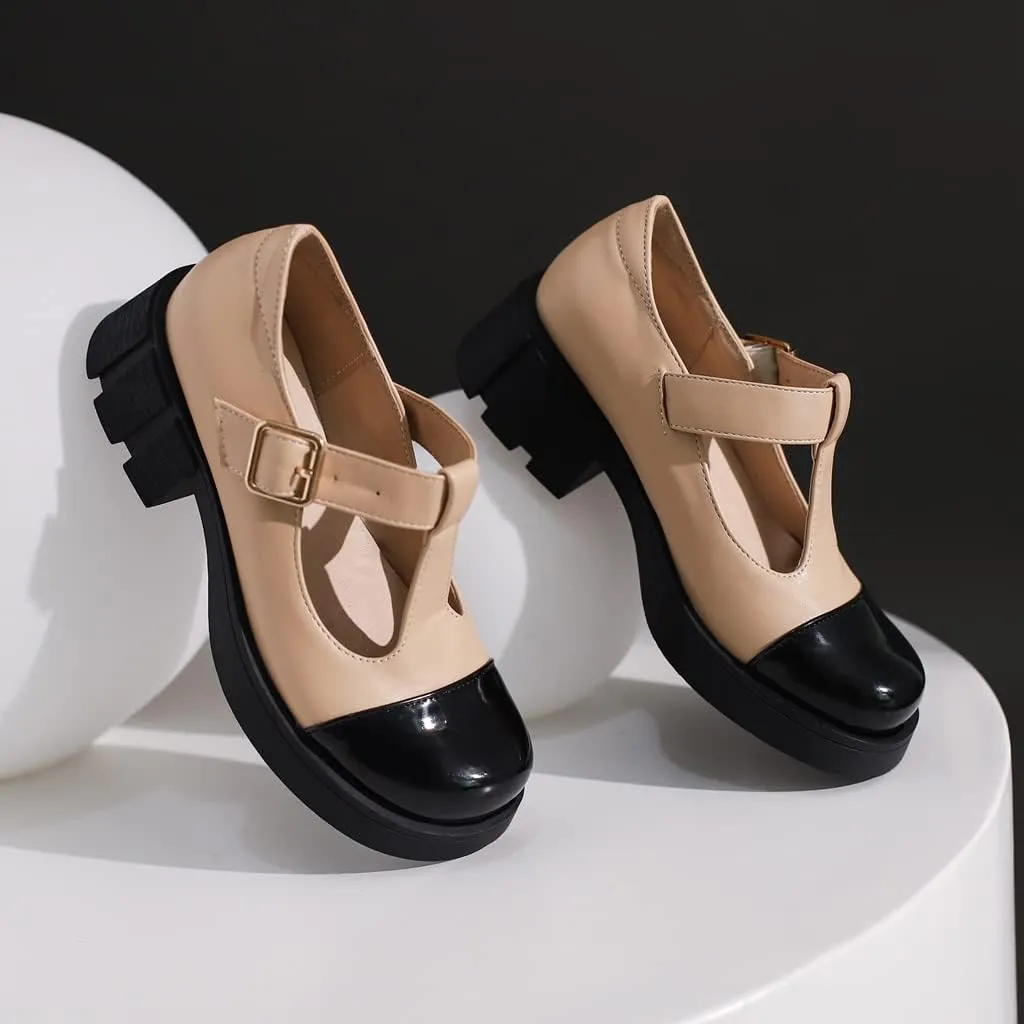 Women's Two Tone T-Strap Mary Jane Flats Loafers Vintage Round Toe Low Heel Girls Dress Oxford Shoes