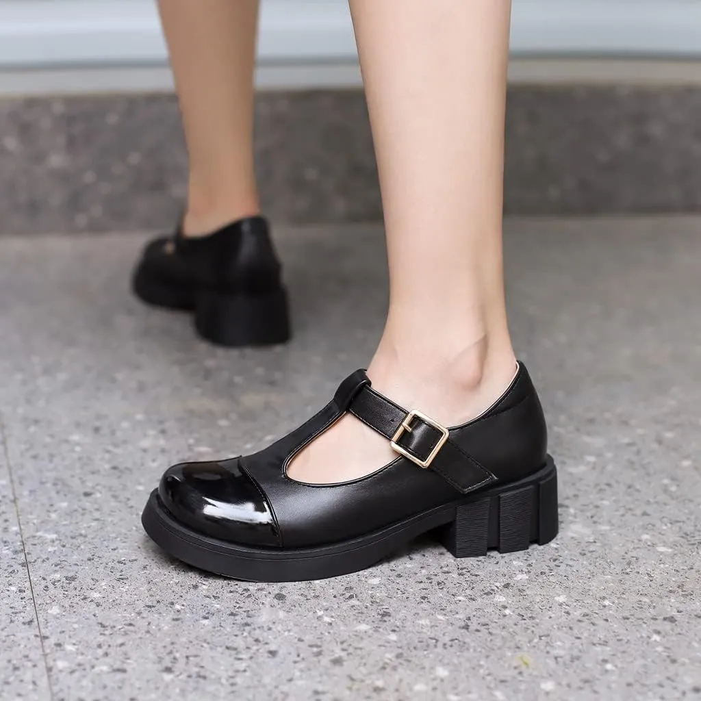 Women's Two Tone T-Strap Mary Jane Flats Loafers Vintage Round Toe Low Heel Girls Dress Oxford Shoes