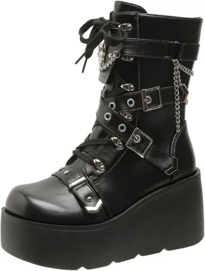 Women's Wedge Combat Boots Lace Up Ankle Booties Wedge Chunky Platform Boots Zipper Riding Motorcycle Boots