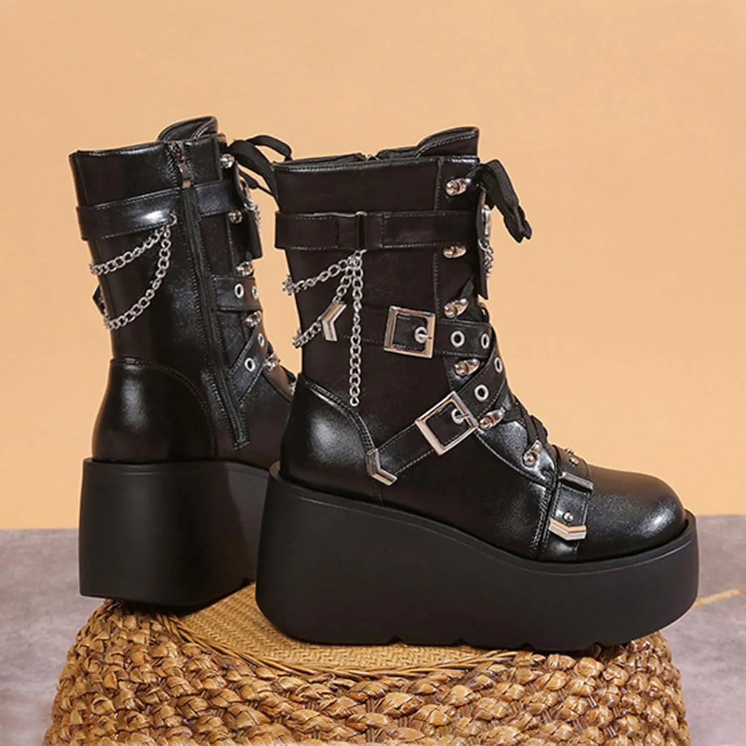 Women's Wedge Combat Boots Lace Up Ankle Booties Wedge Chunky Platform Boots Zipper Riding Motorcycle Boots